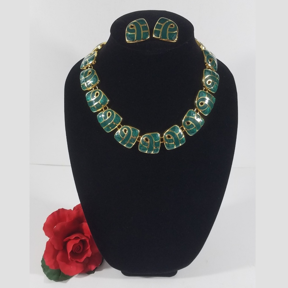 Vintage 80s Chunky Enamel Collar Necklace Earrings